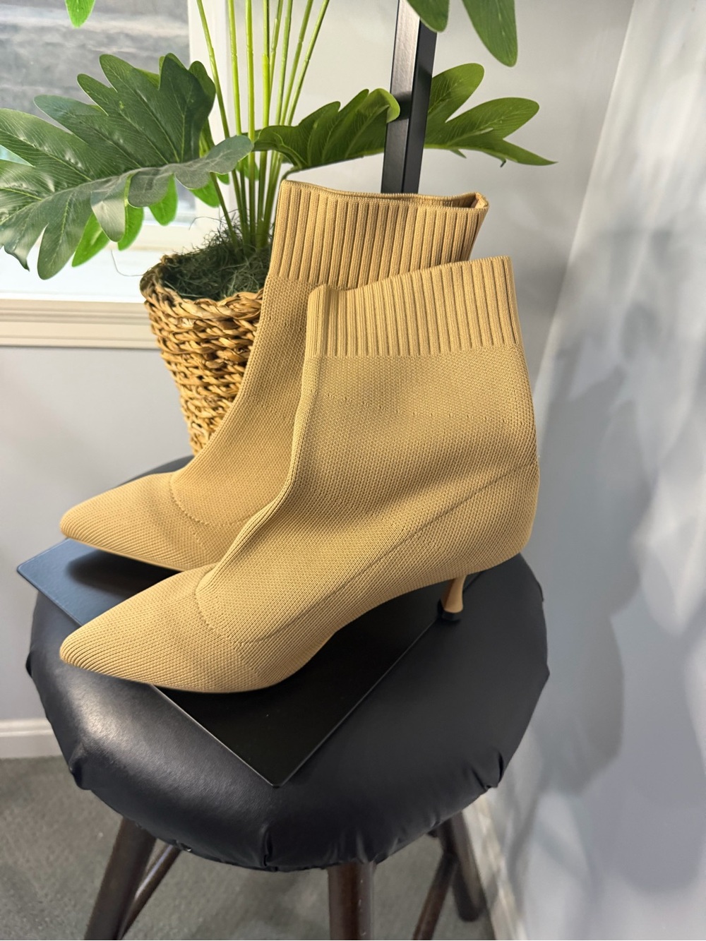 Pointed Sock Ankle Boots in Camel Knit